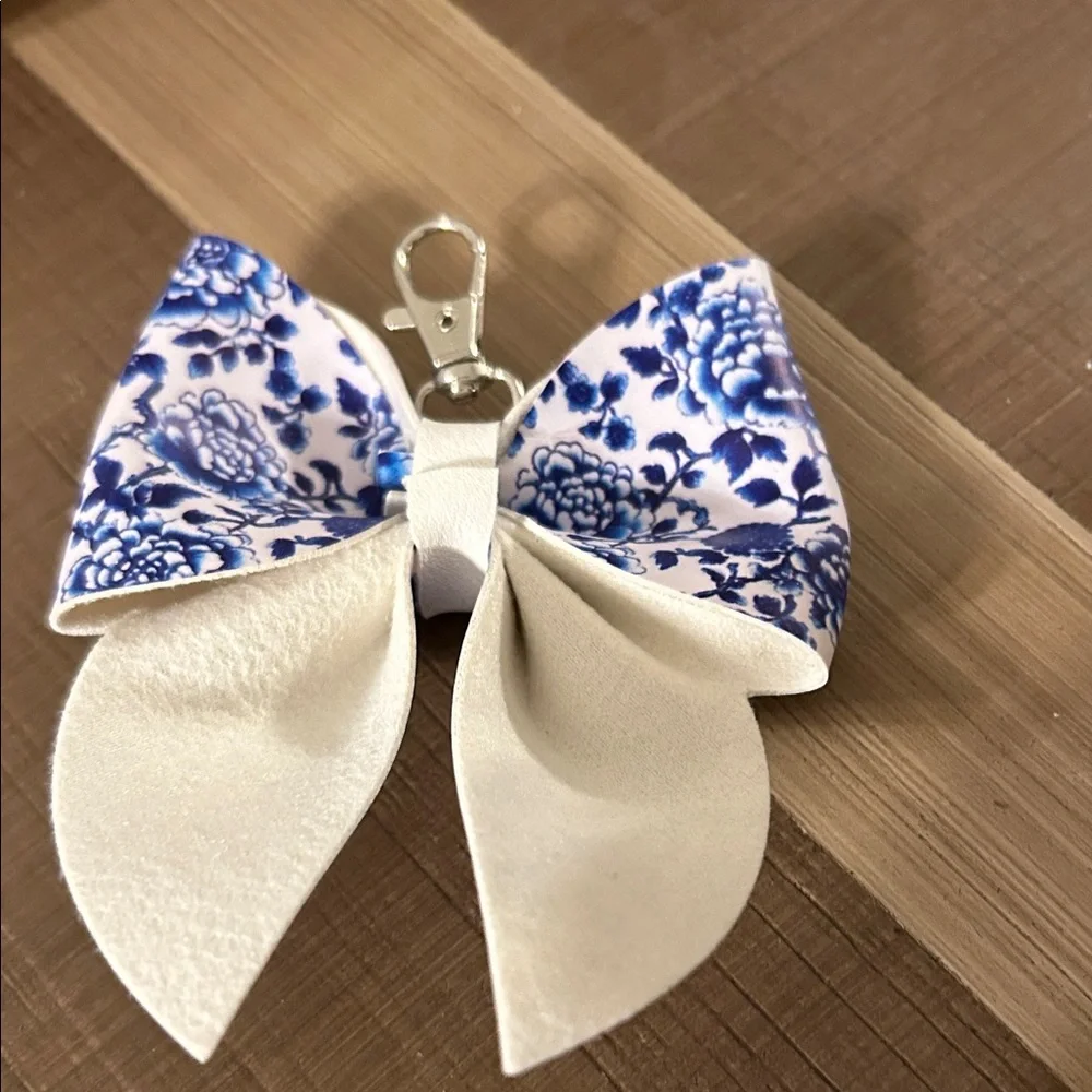 Floral Blue and White Bow Keychain made from faux leather silver hardware NIP